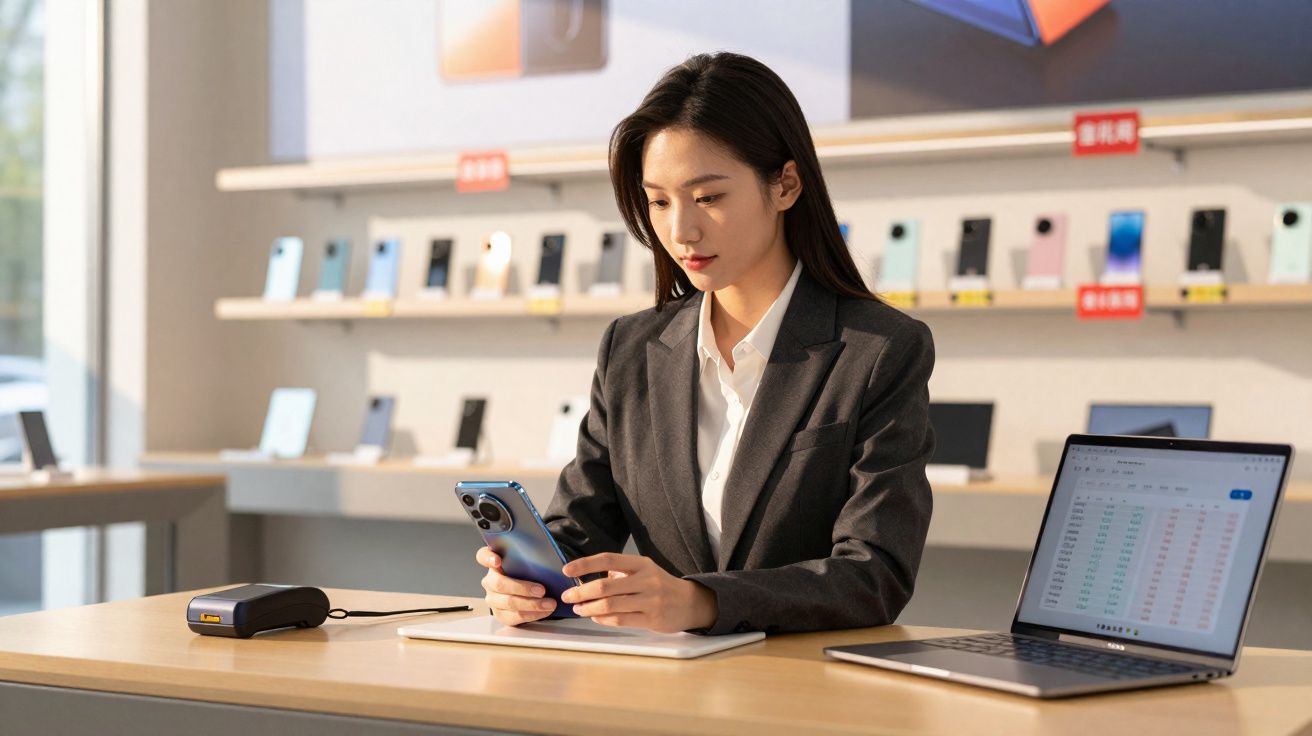 Mulher de negócios em terno olhando para celular em loja de eletrônicos com laptop aberto na mesa.