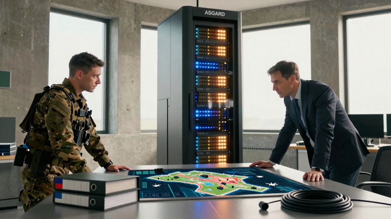 Homem militar e executivo analisam mapa digital em mesa com servidor ao fundo em sala moderna.