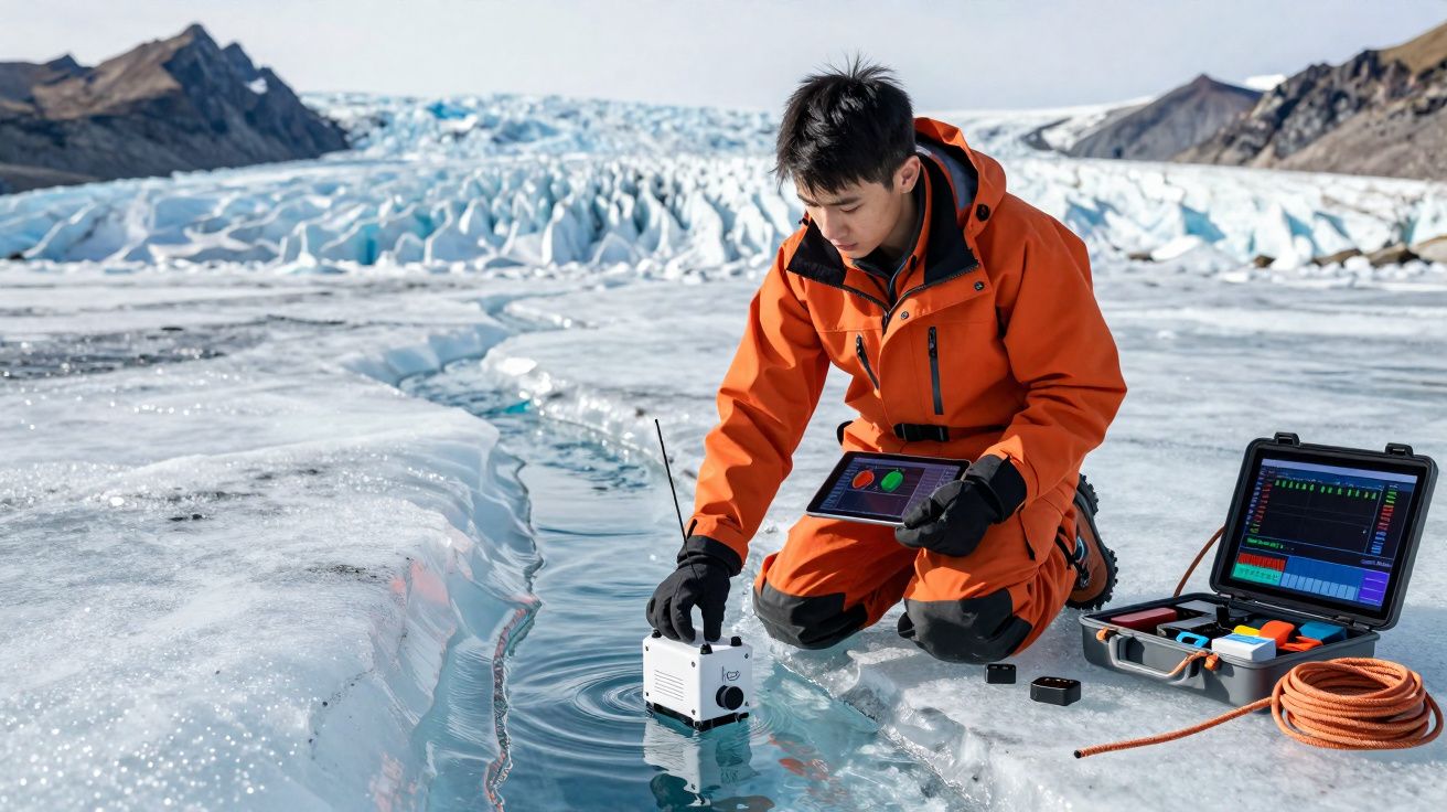 Pesquisador em roupa laranja coleta dados na água de geleira usando equipamentos tecnológicos.