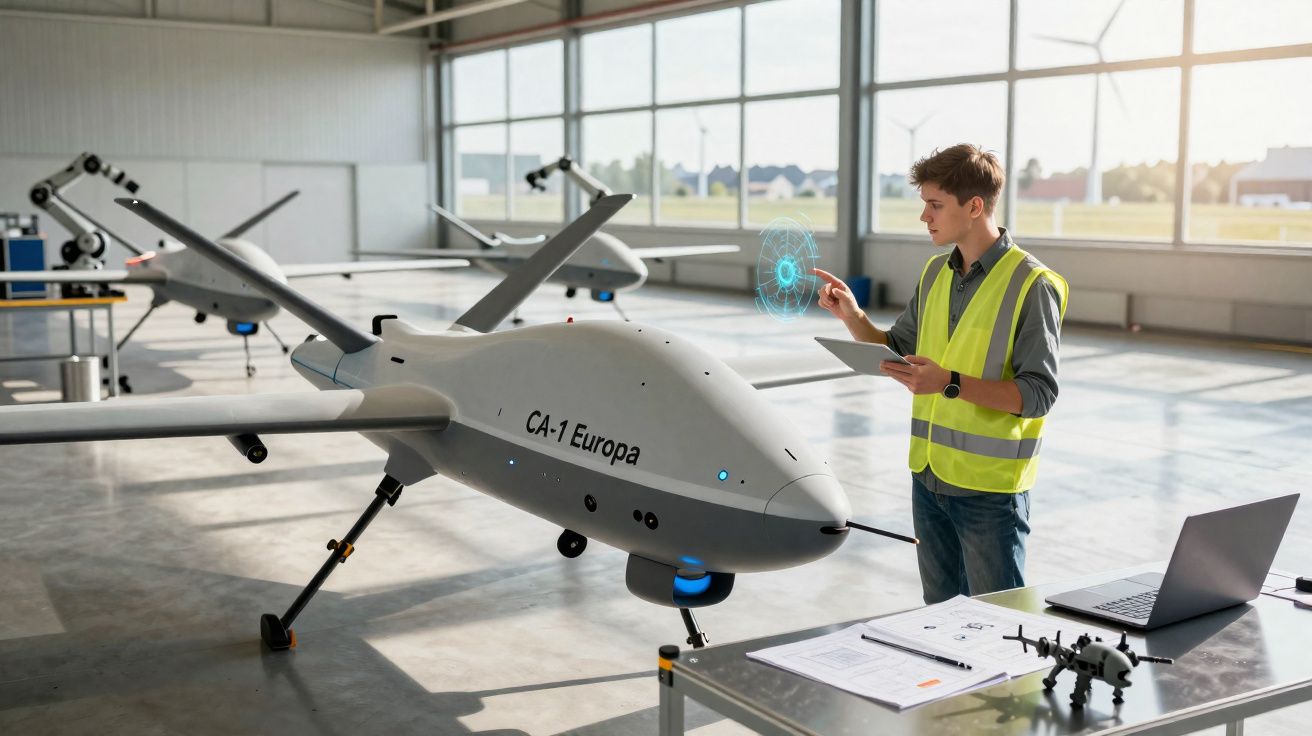 Jovem em colete refletivo inspeciona drone ca-1 europa em hangar com laptop e maquete na mesa.