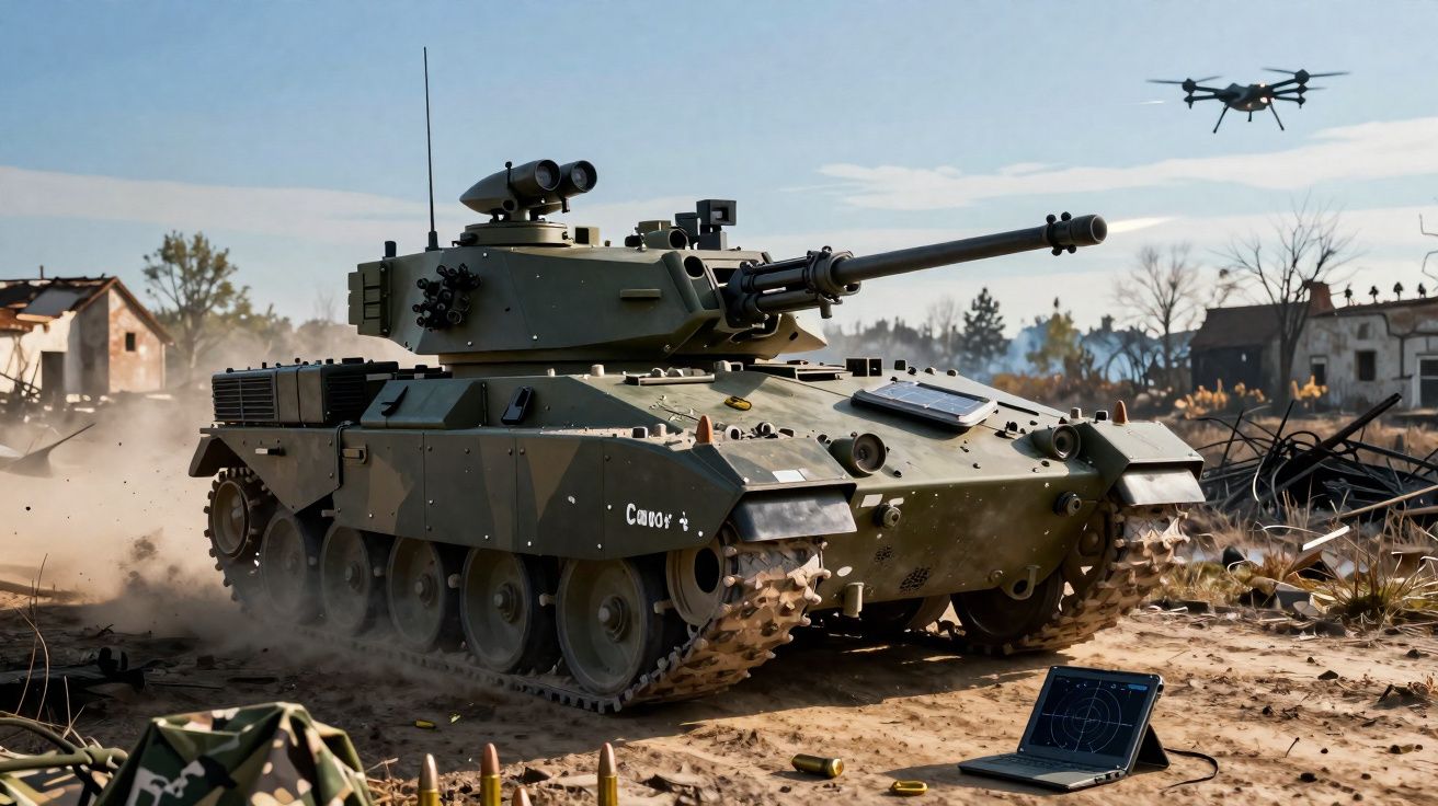 Tanque militar em terreno árido com drone voando ao fundo e notebook aberto com radar na tela.