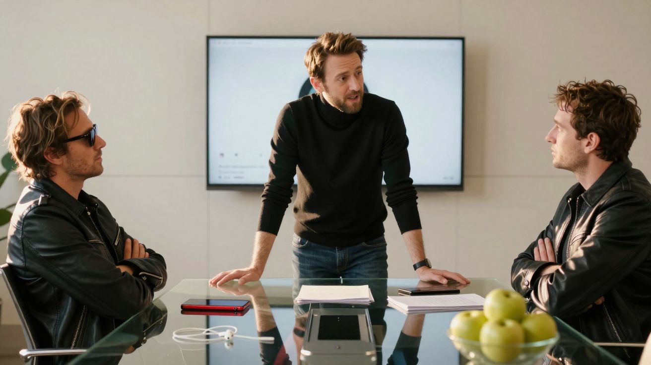 Homem em pé fala com dois homens sentados em mesa de reunião com maçãs e eletrônicos sobre a mesa.