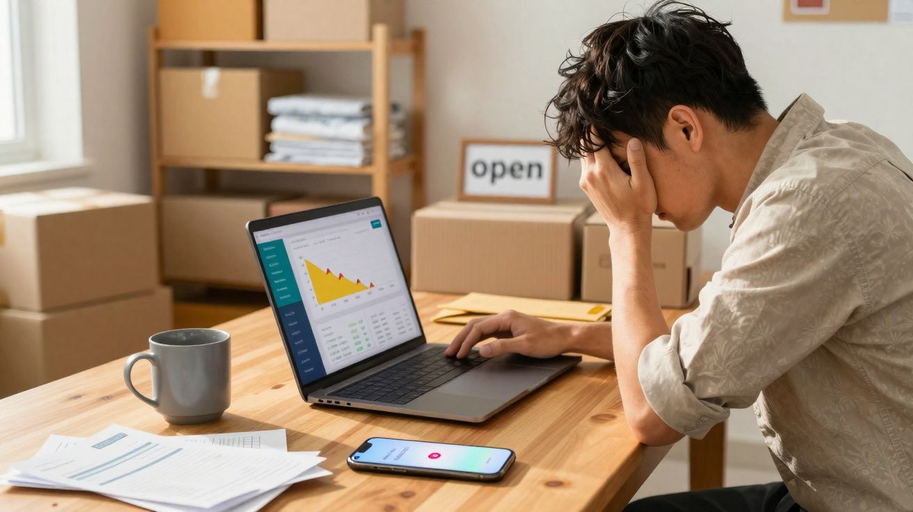 Homem preocupado com mãos na cabeça olhando para gráfico em queda no laptop em mesa de trabalho.