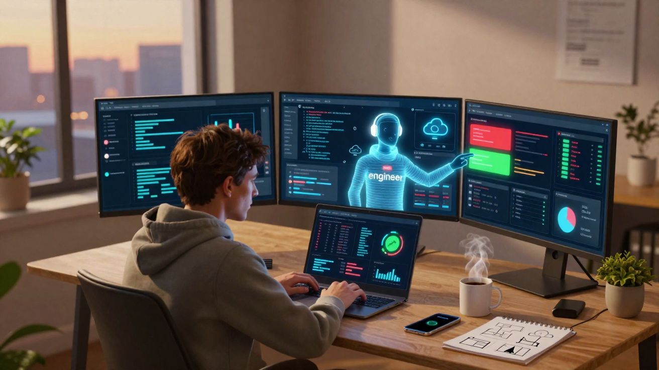 Pessoa jovem usando quatro telas exibindo dados e gráficos em ambiente de escritório ao entardecer.