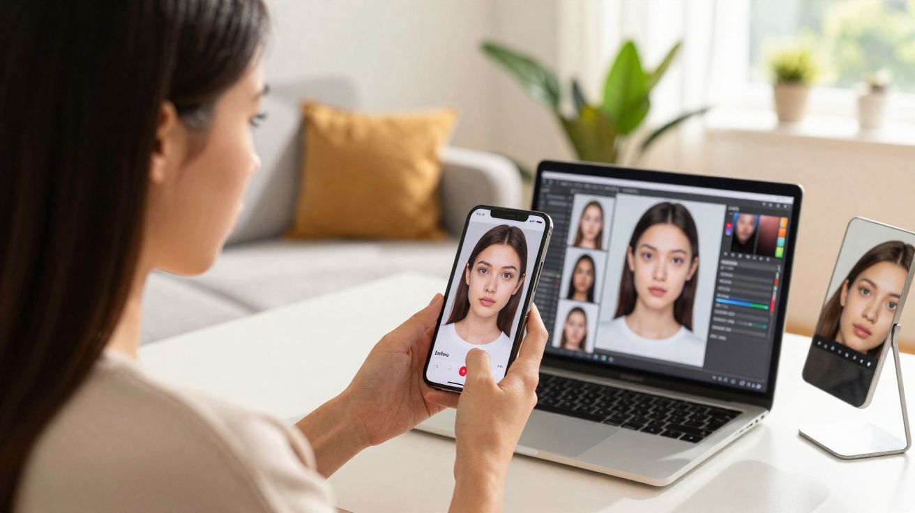 Mulher tira foto para documento no celular enquanto edição da foto aparece no notebook à sua frente.