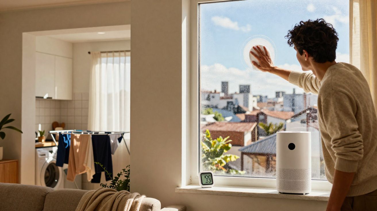 Homem limpando janela em ambiente residencial iluminado, com medidor de umidade e aparelho eletrônico.
