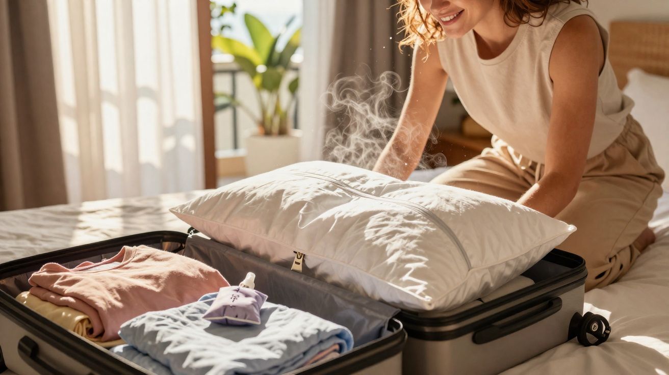 Mulher sorrindo guardando travesseiro e roupas em mala de viagem aberta em quarto iluminado.