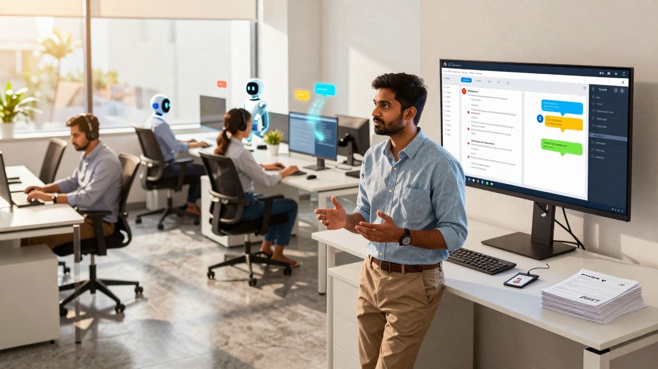 Homem fala em escritório moderno com colegas e robôs virtuais atendendo clientes no computador.
