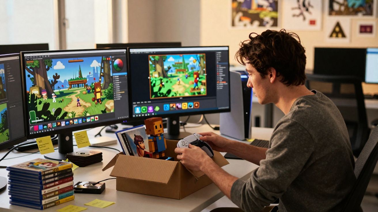 Homem sentado no escritório segurando controle de videogame com dois monitores exibindo jogo em estilo pixel art.