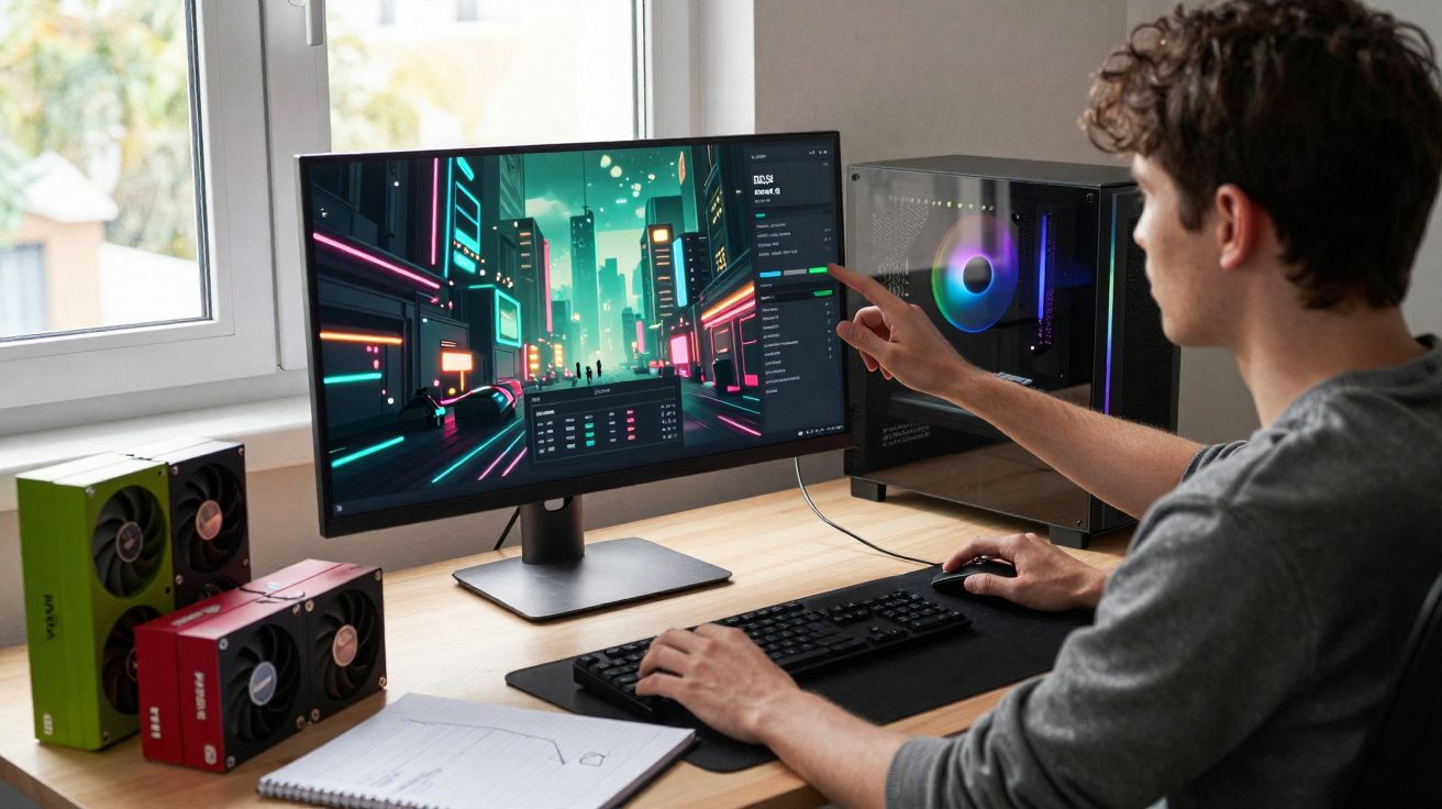 Pessoa ajustando configurações em computador desktop com cartas gráficas na mesa e janela ao lado.