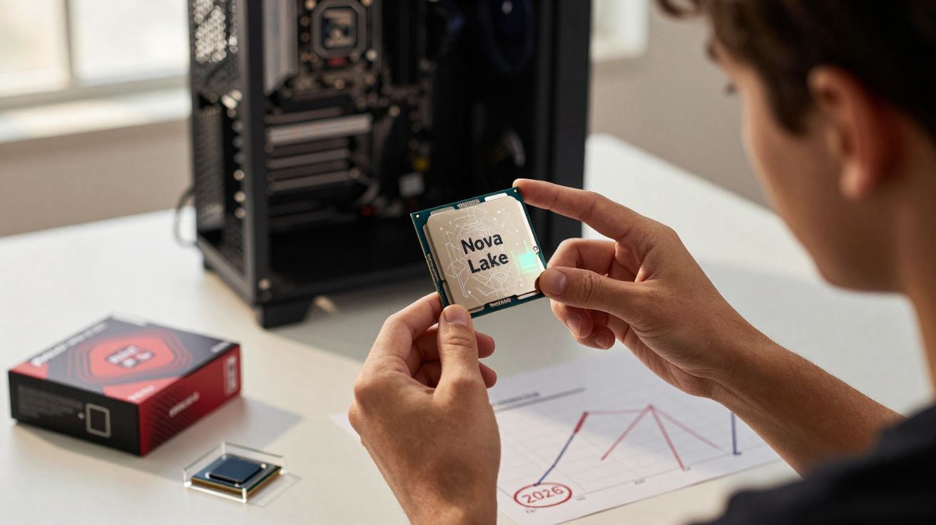Pessoa segurando processador com texto "Nova Lake" próximo a gabinete aberto e gráfico em mesa branca.