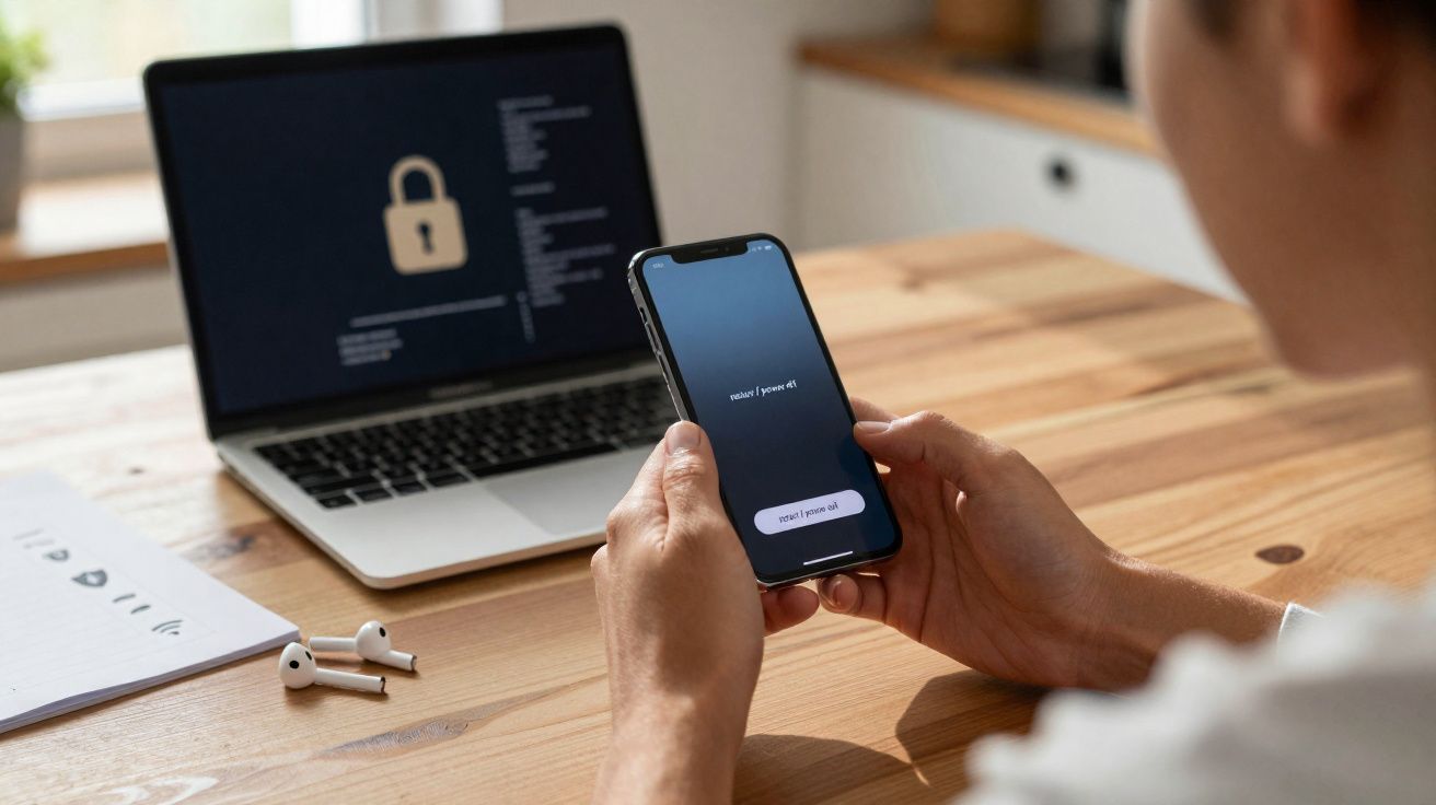 Pessoa segurando celular com login de autenticação em duas etapas, notebook com cadeado aberto ao fundo.