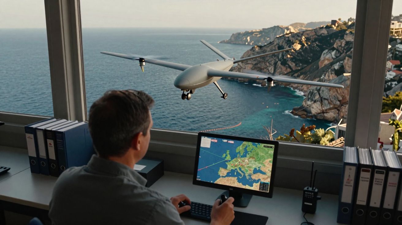 Homem controla drone de vigilância próximo à janela com vista para mar e penhascos rochosos.