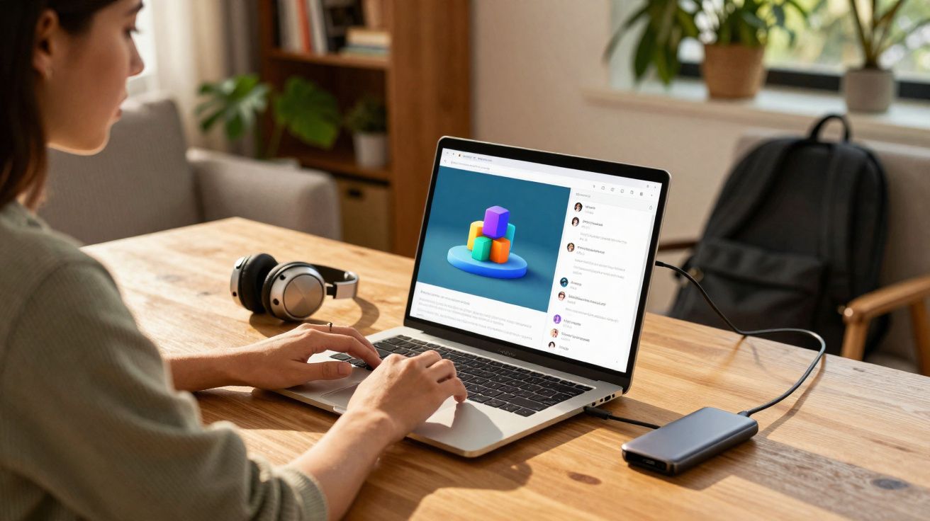 Pessoa digitando em notebook com gráfico colorido na tela e fones ao lado em mesa de madeira.