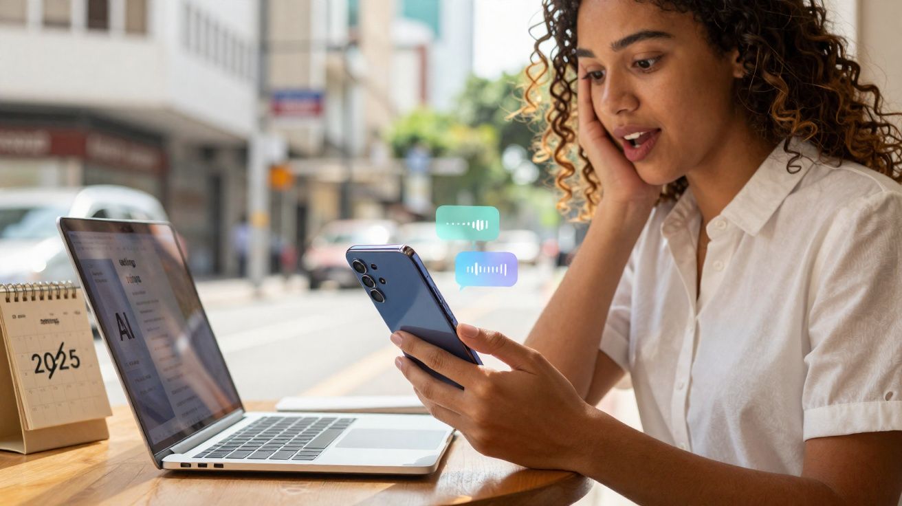 Mulher sentada ao ar livre usando celular e laptop, com calendário 2025 na mesa.