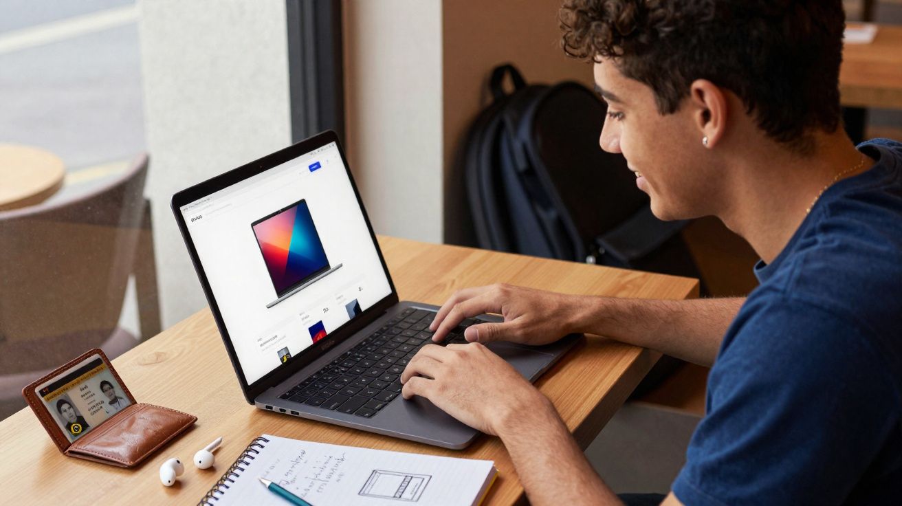 Jovem sentado à mesa, usando laptop para pesquisar produto, com caderno, caneta e carteira ao lado.