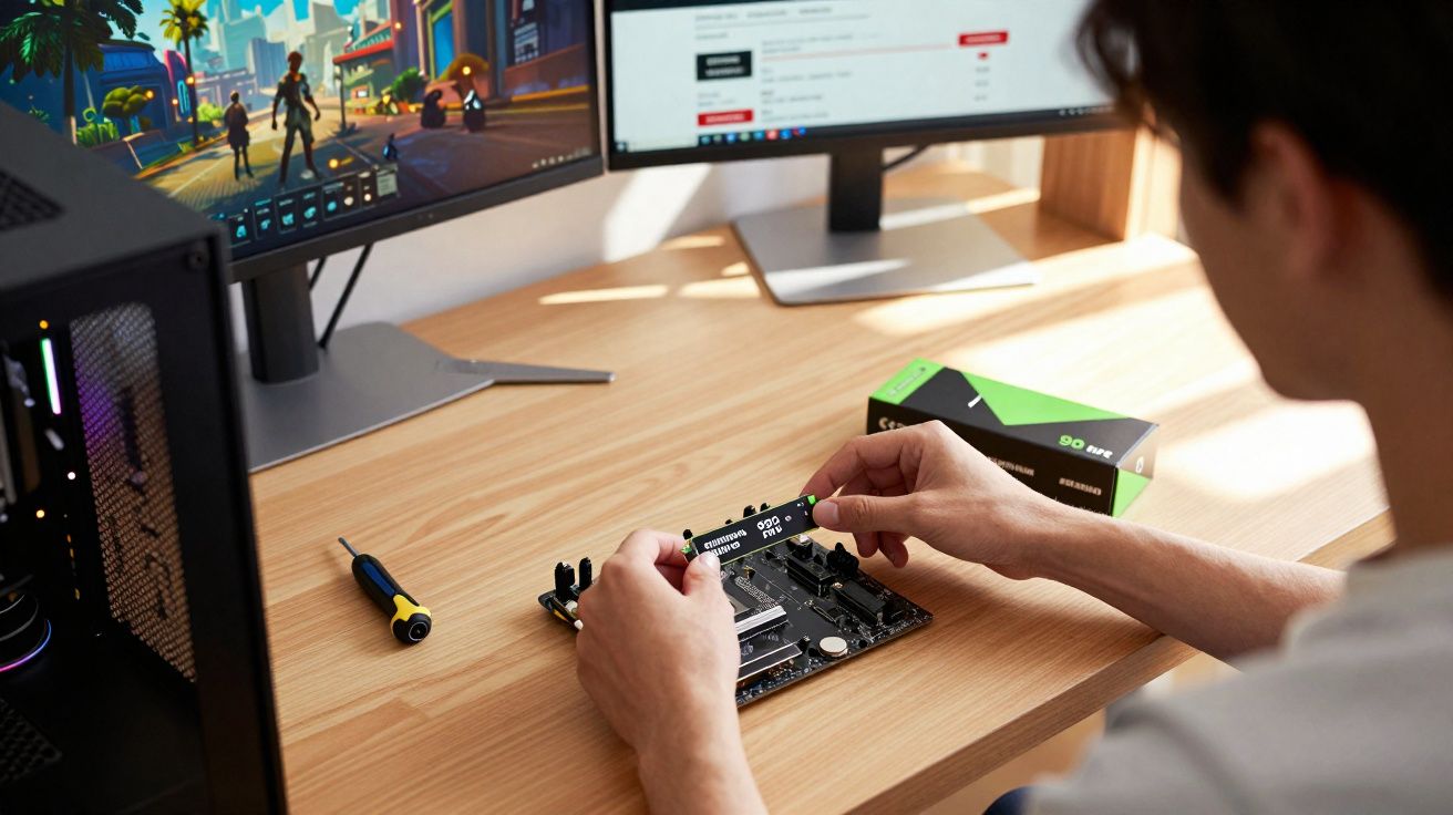 Pessoa montando computador, segurando componente eletrônico sobre mesa com dois monitores ao fundo.