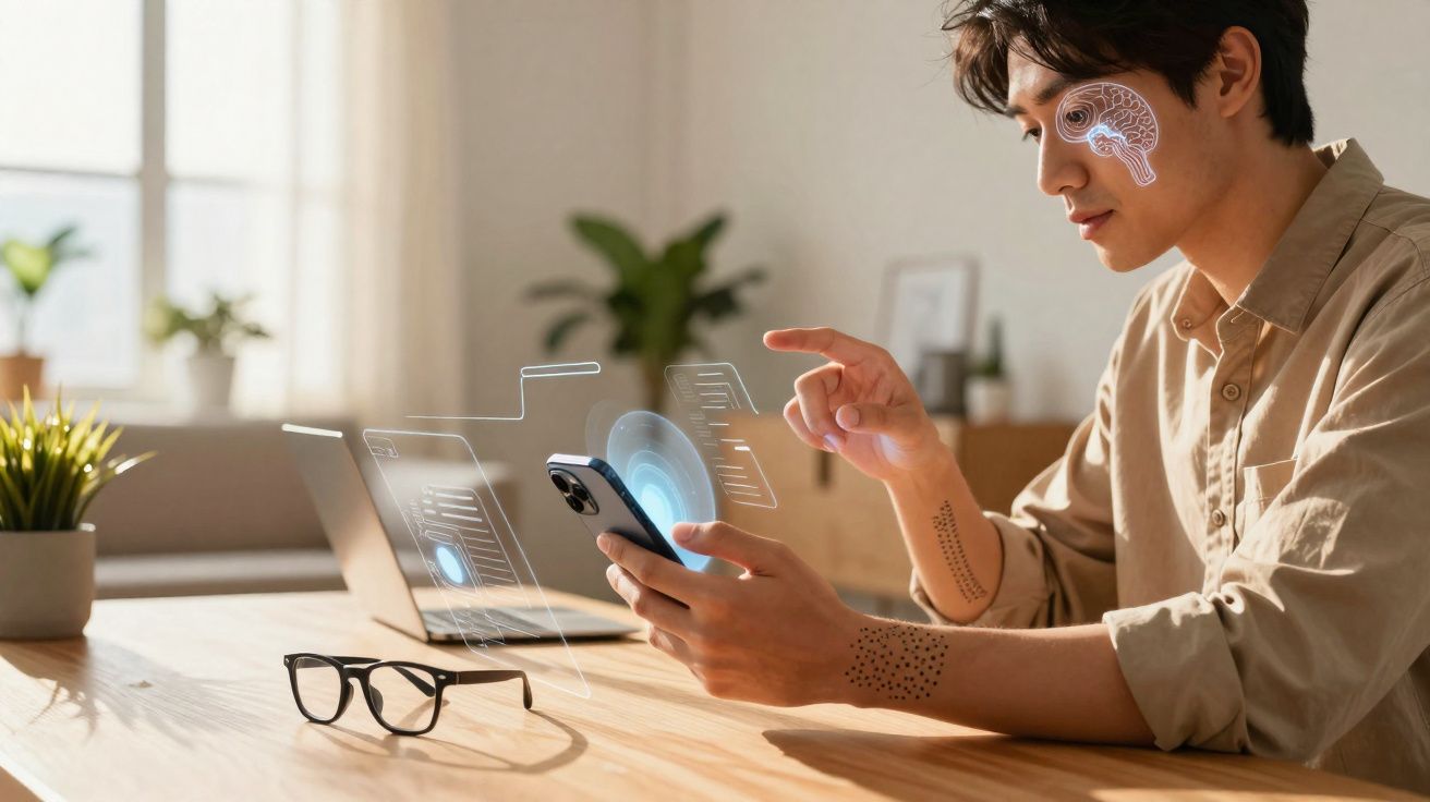 Homem usando smartphone com gráficos digitais holográficos e cérebro desenhado no rosto em ambiente claro.