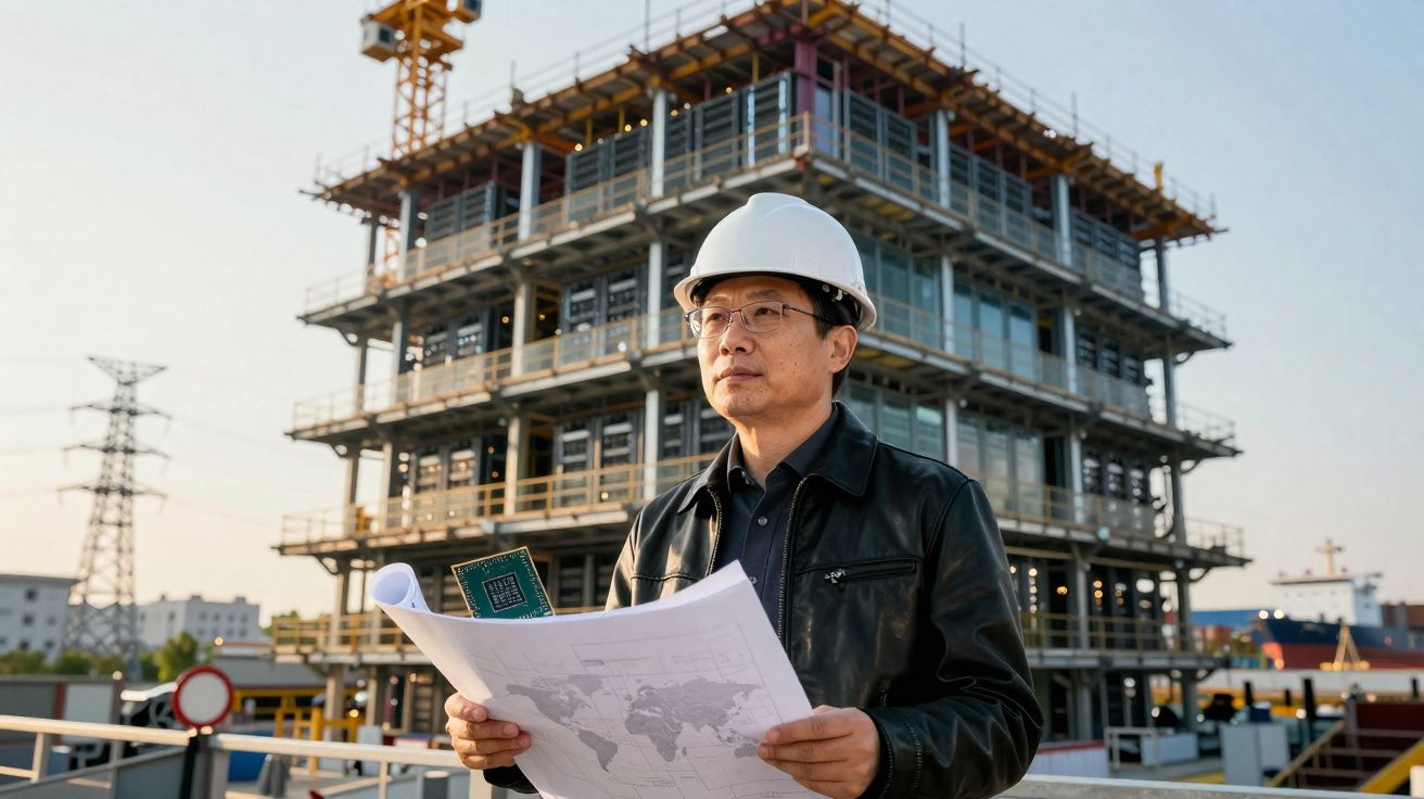 Homem com capacete branco e planta segura projeto em canteiro de obra com prédio em construção ao fundo.