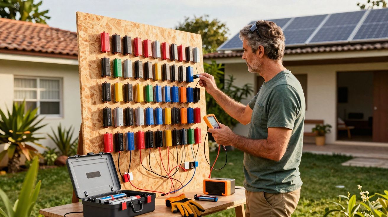 Homem testa baterias dispostas em quadro ao ar livre com painéis solares ao fundo.