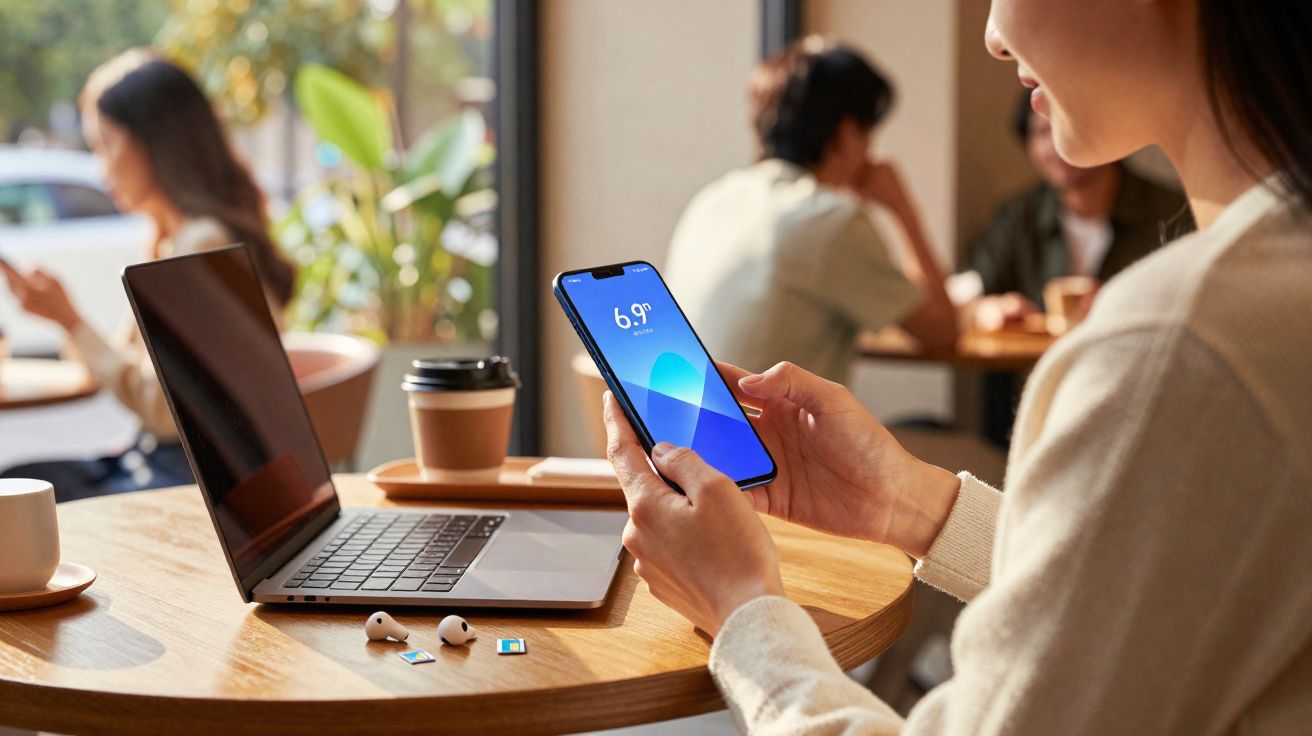 Pessoa segurando smartphone com aplicativo aberto, ao lado de laptop e café em mesa de cafeteria.