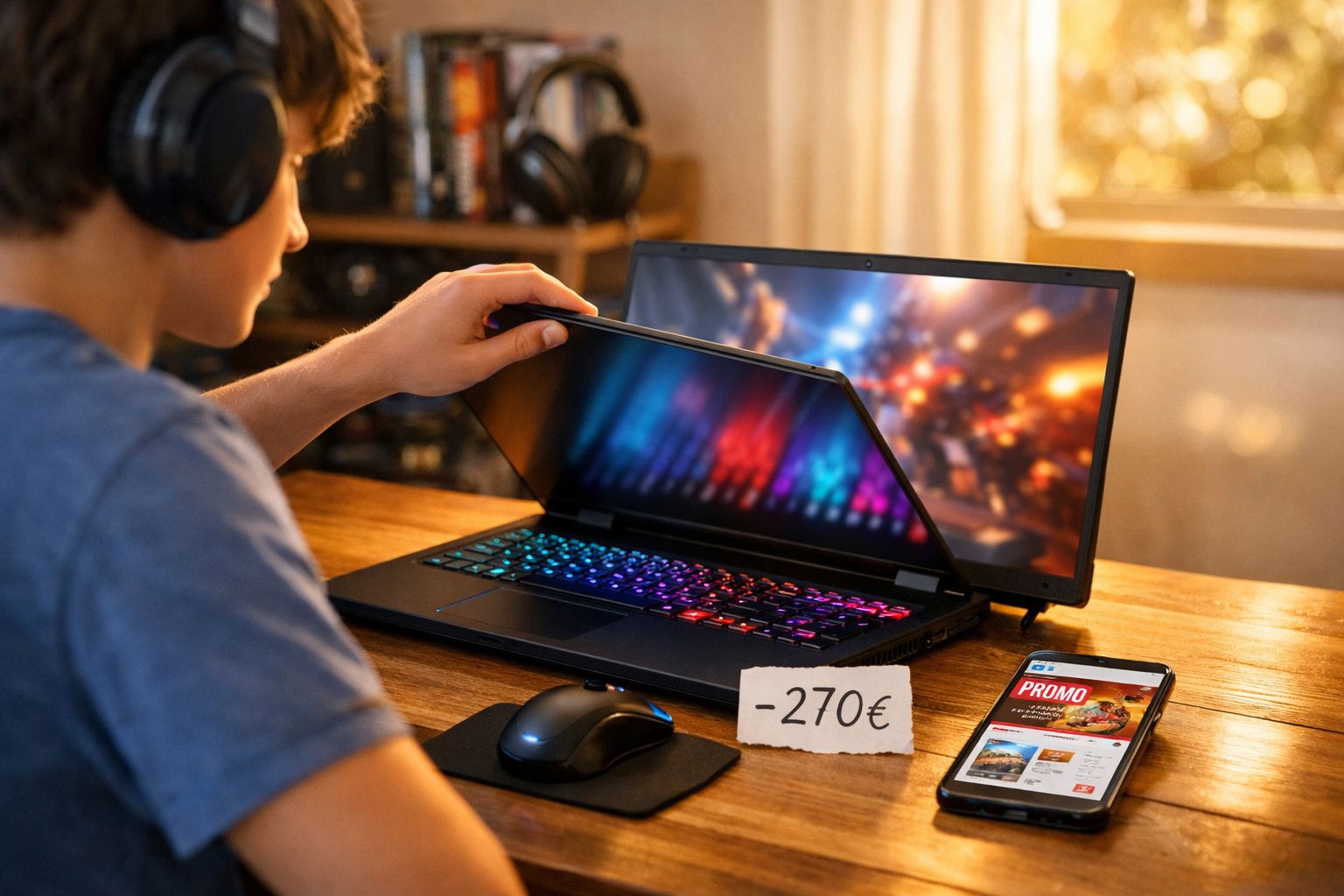 Pessoa usando fone de ouvido dobra a tela de um notebook RGB com desconto de 270€ e celular ao lado.