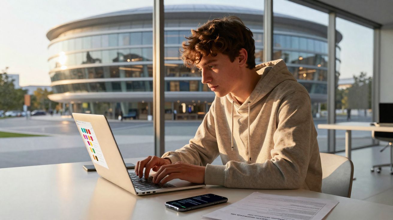 Jovem usando moletom cinza trabalhando em laptop em ambiente moderno com prédio circular ao fundo.