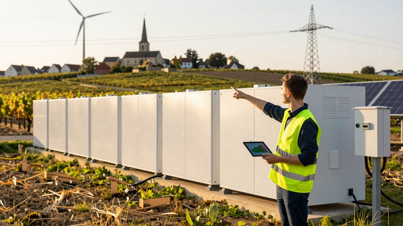 Homem com colete refletivo verifica painel solar e turbina eólica em área rural ao pôr do sol.