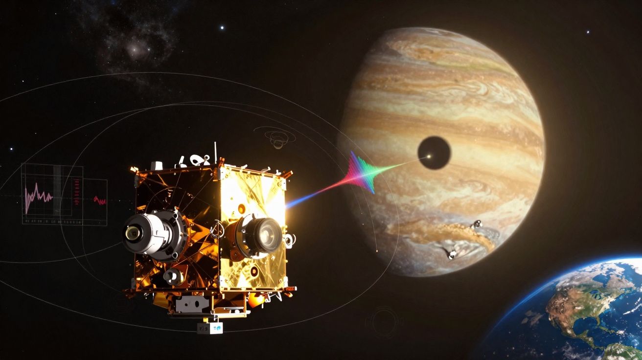 Sonda espacial enviando feixe colorido para a lua de Júpiter com a Terra ao fundo no espaço.