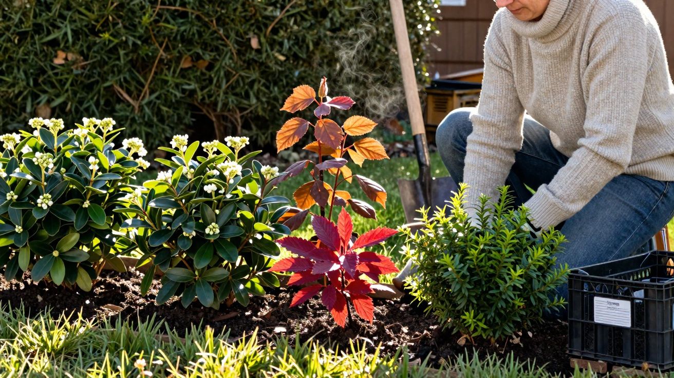 Pessoa plantando arbustos e plantas coloridas em jardim ensolarado com calça jeans e suéter cinza.