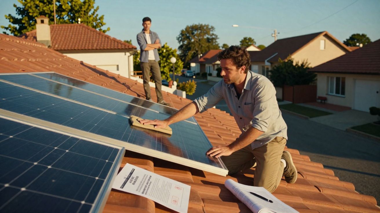Homem limpando painéis solares no telhado enquanto outro observa em área residencial ao entardecer.