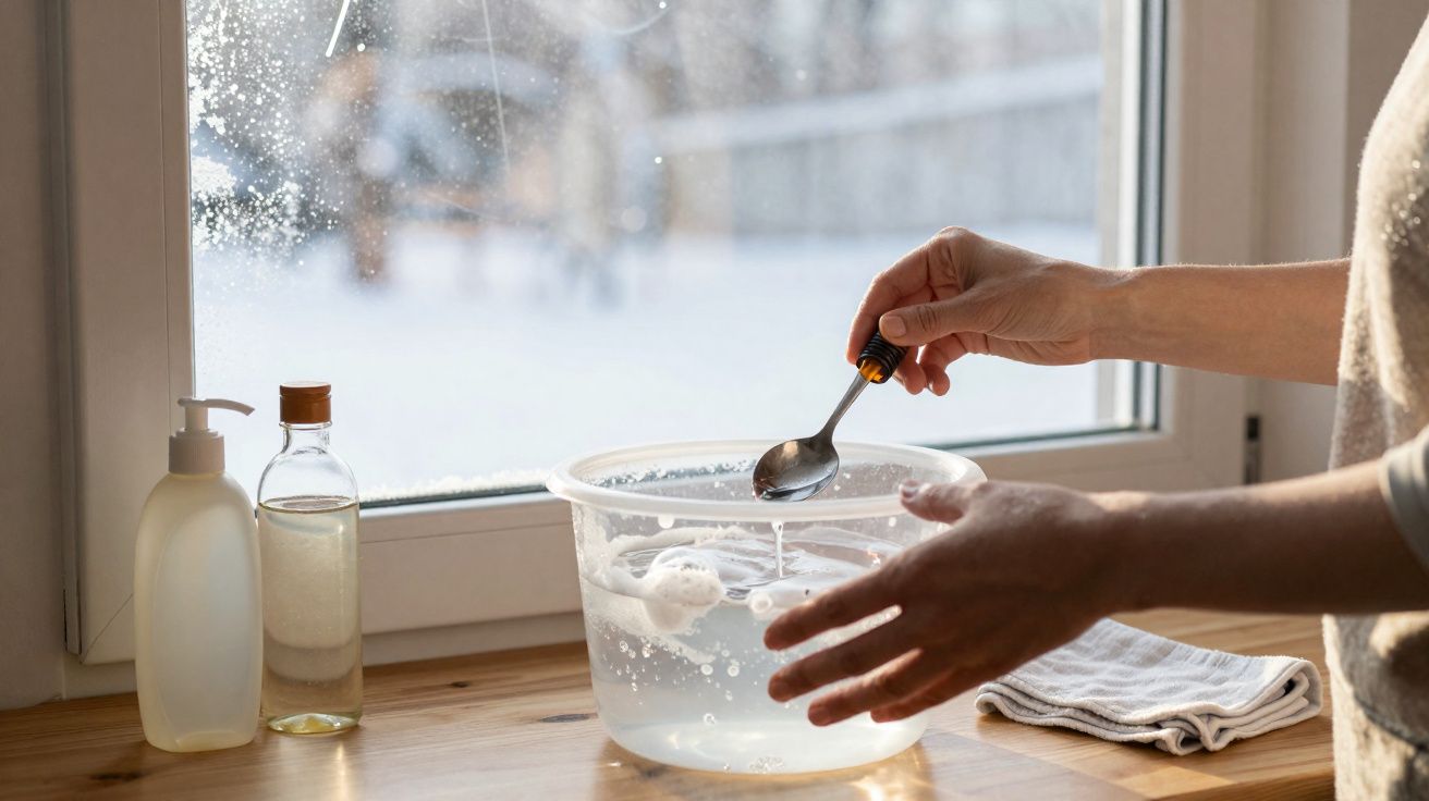 Mãos seguram colher e vidro sobre balde com solução para limpeza em bancada perto da janela.