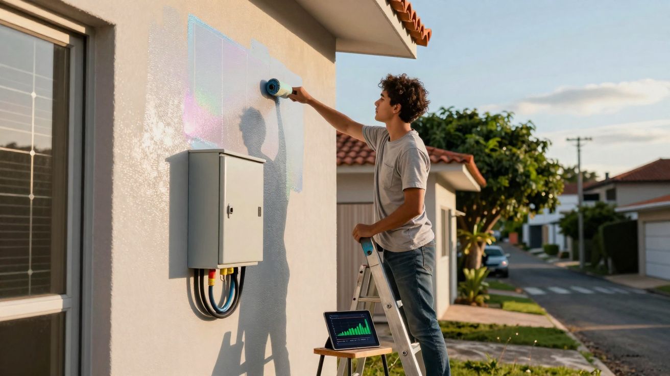 Jovem pintando parede externa de casa sob luz do dia com laptop aberto em suporte próximo.