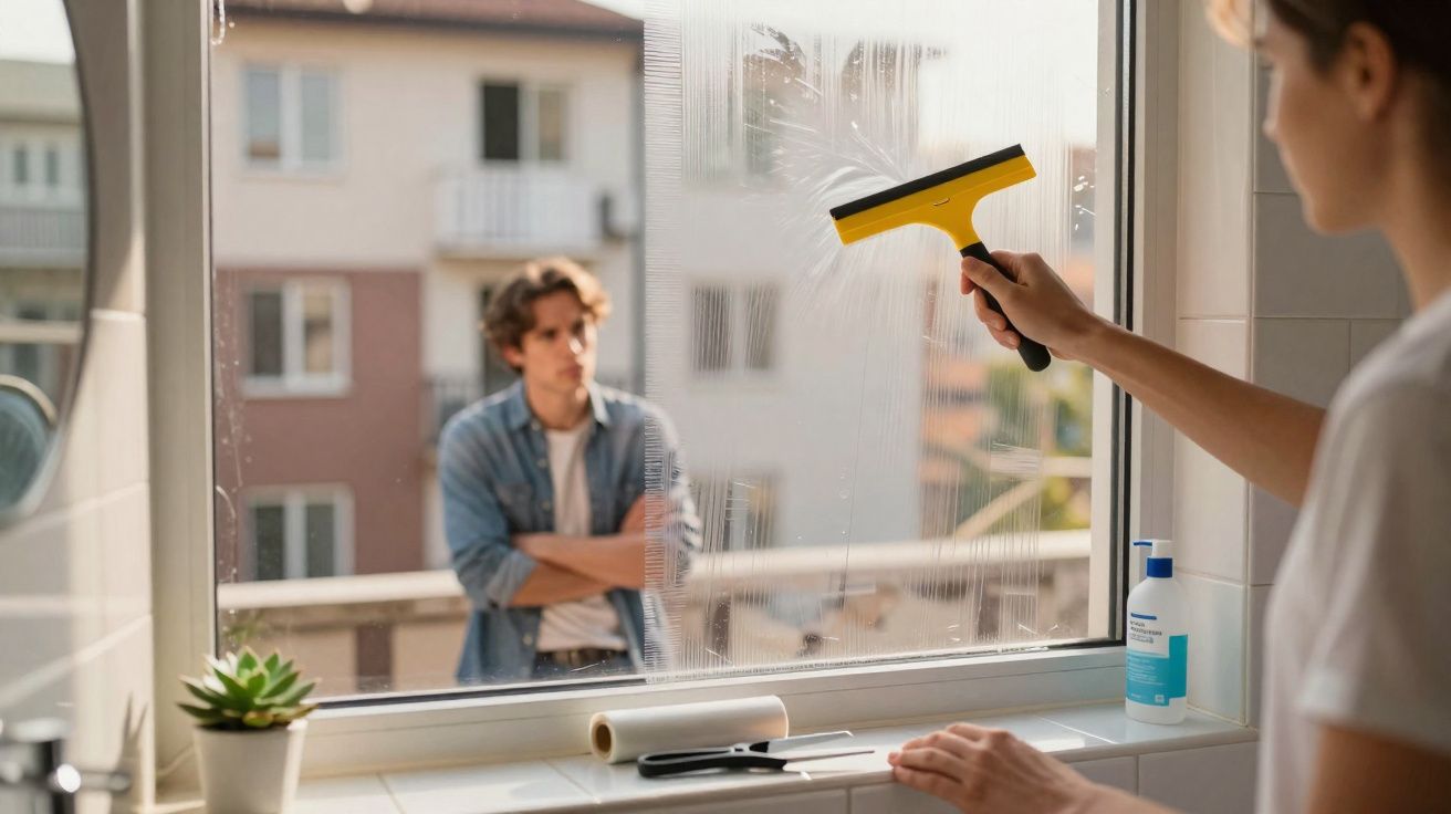 Pessoa limpando janela com rodo amarelo enquanto um homem observa do lado de fora.