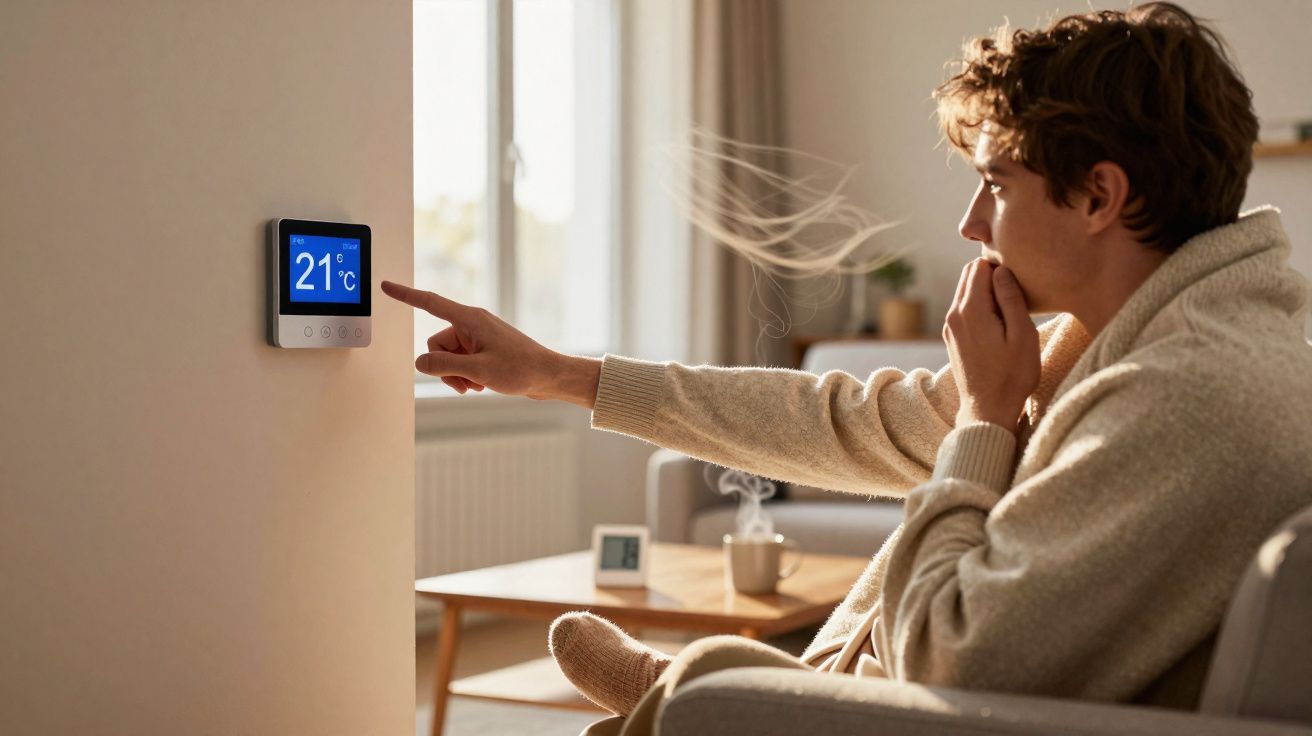 Pessoa ajustando termostato digital em sala com luz natural e xícara de bebida quente ao fundo.