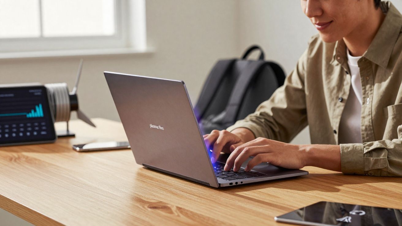 Pessoa usando notebook prata em mesa de madeira clara perto de janela com mochila preta ao fundo.