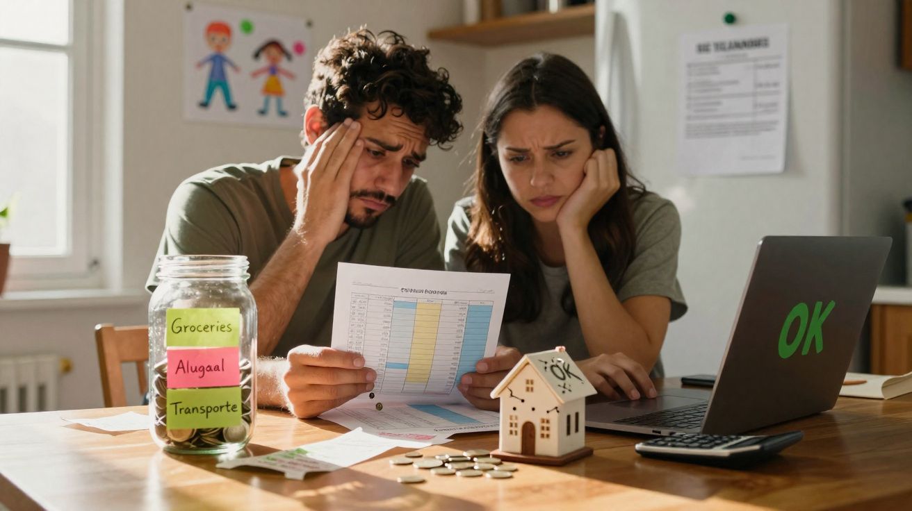 Casal preocupado analisando despesas domésticas à mesa com cofrinho, planilhas, moedas e laptop.