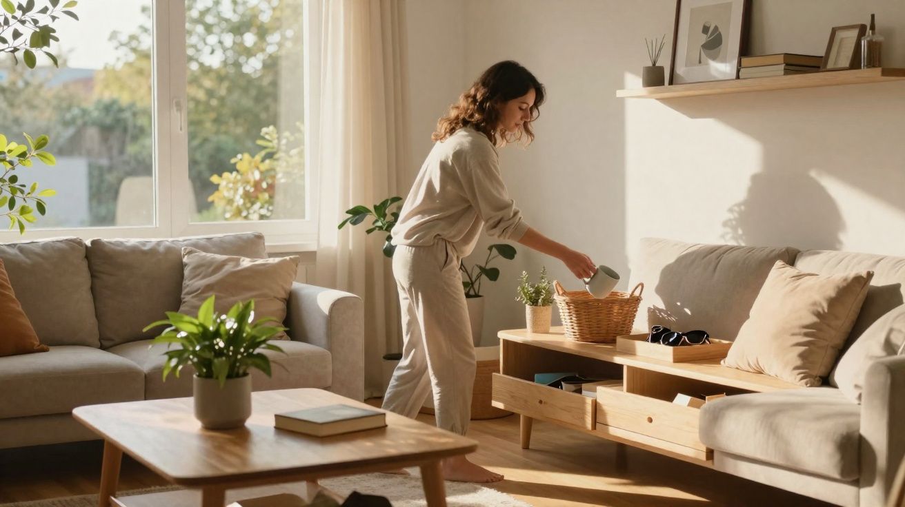 Mulher organizando copos em cesta na sala iluminada com sofá, mesa de centro e plantas decorativas.