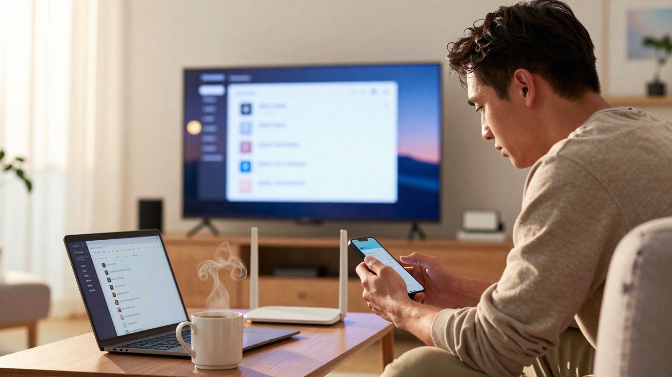 Homem usando smartphone sentado em sala com laptop, xícara de café e TV ao fundo.