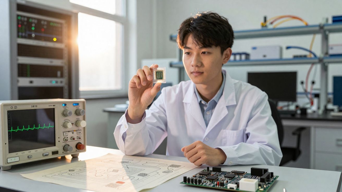 Jovem cientista em laboratório segurando chip eletrônico próximo a equipamentos e placa de circuito.