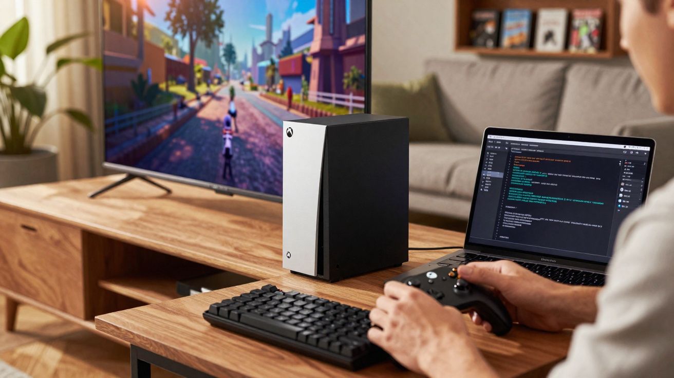 Pessoa usando controle com videogame Xbox Series X e laptop com código em ambiente de sala de estar.