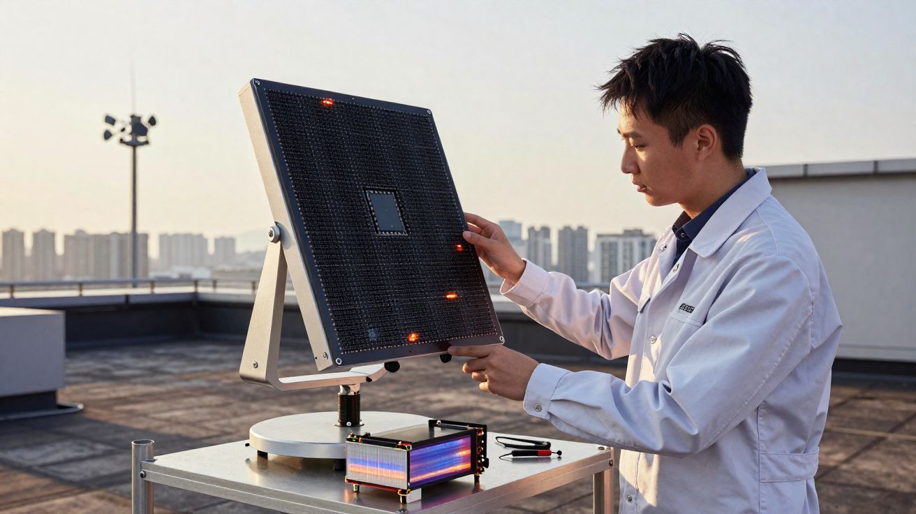 Homem em jaleco branco ajusta painel solar em mesa no telhado com cidade ao fundo.