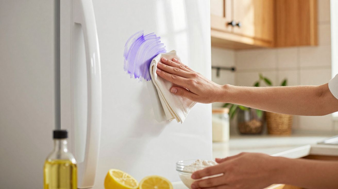 Pessoa limpando mancha roxa na porta branca de geladeira na cozinha com pano branco.