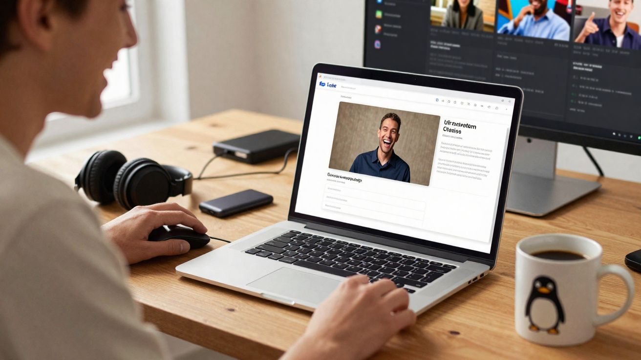 Pessoa acessando perfil online em laptop sobre mesa com fone, HD externo, celular e caneca de pinguim.