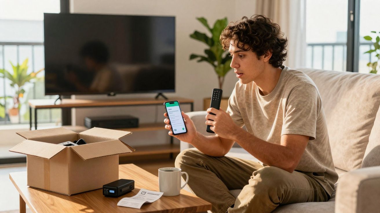 Jovem sentado no sofá configurando dispositivo eletrônico com celular e controle remoto em sala.