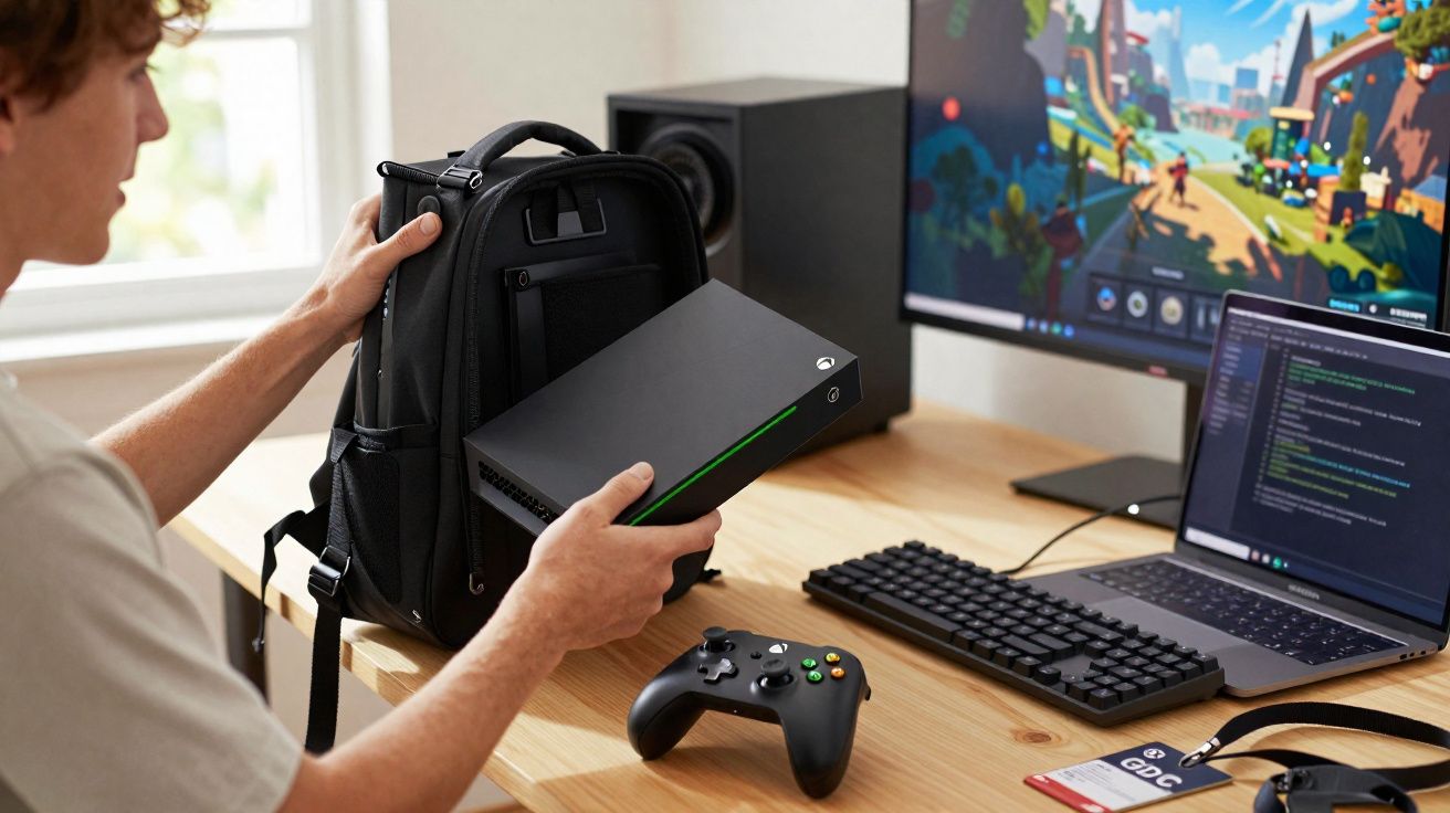 Pessoa segurando console Xbox Series S e mochila, com controle, teclado e laptop em mesa de madeira.