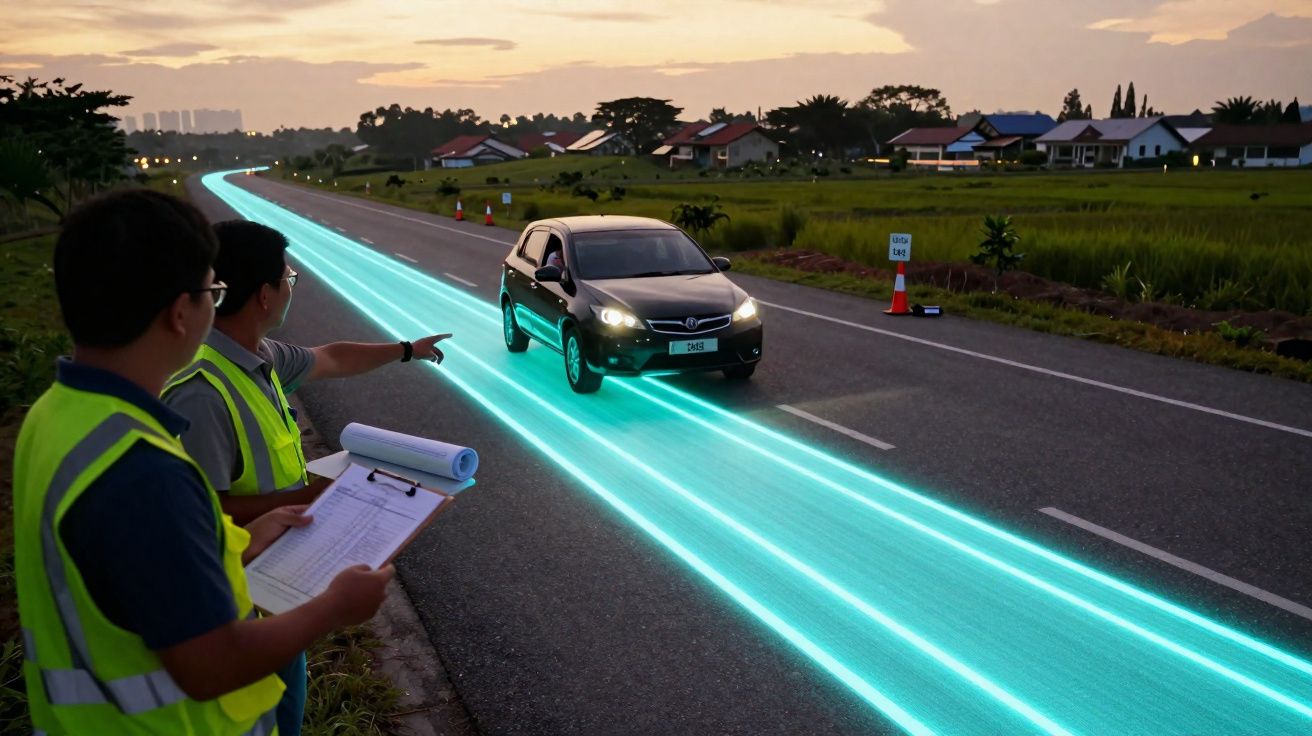 Dois técnicos observam carro preto em estrada com faixas luminosas azuis ao entardecer, casas e campo ao fundo.