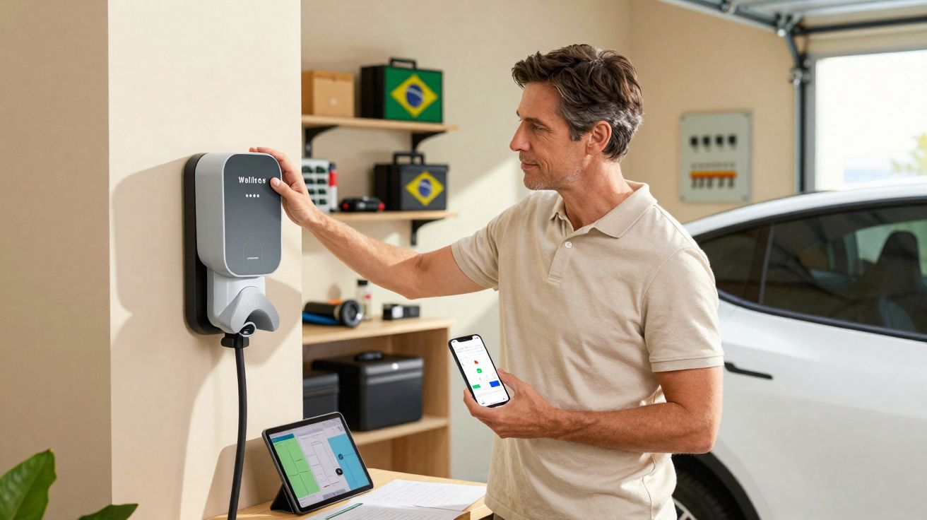 Homem conecta carro elétrico a carregador de parede em garagem enquanto consulta celular e tablet.
