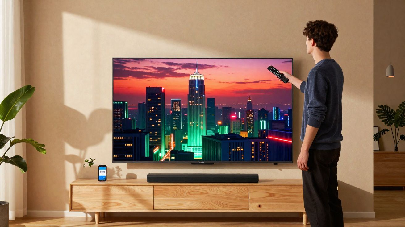 Homem usando controle remoto para ligar TV com paisagem urbana colorida no entardecer.