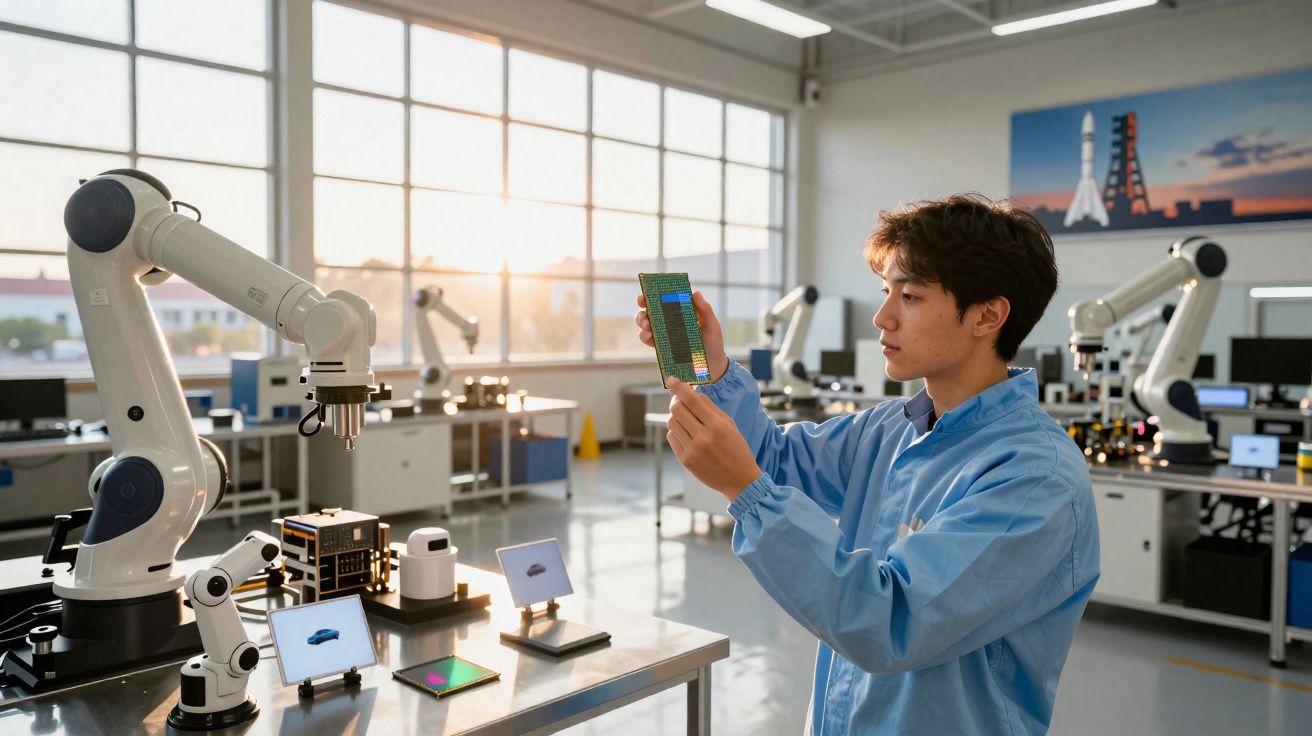 Jovem engenheiro em laboratório tecnológico examina componente eletrônico perto de braços robóticos em ambiente iluminado.